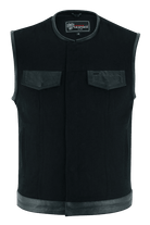 Denim-Black-Collarless-Club-Vest-Leather-trims-front