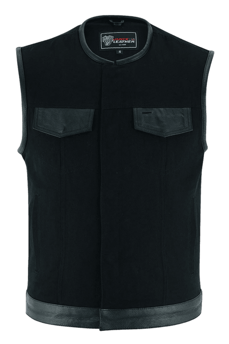 Denim-Black-Collarless-Club-Vest-Leather-trims-front