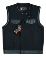 Denim-Black-Collarless-Club-Vest-Leather-trims-front