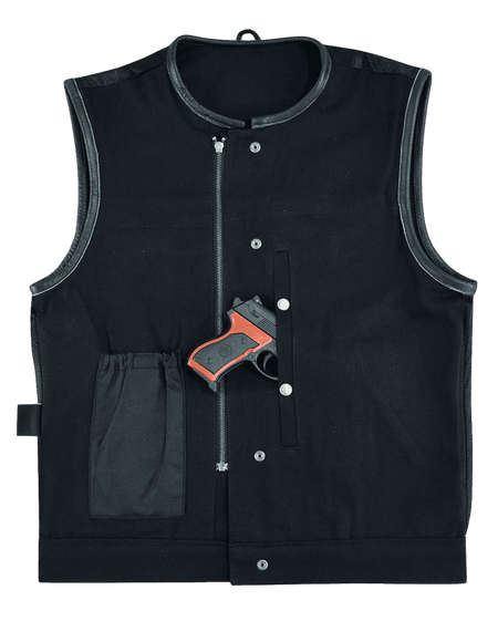Denim-Black-Collarless-Club-Vest-Leather-trims-front