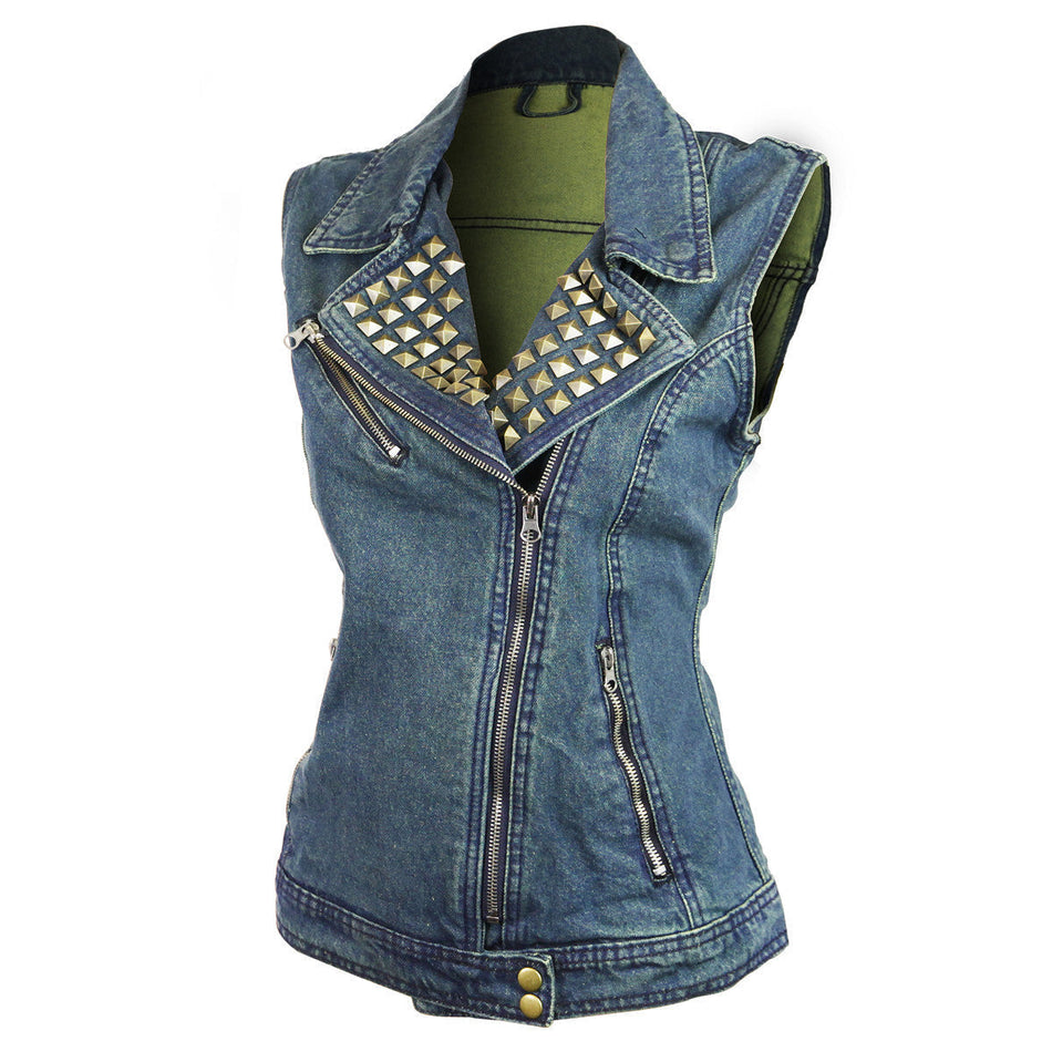 Vance VB1050BL Women's Blue Denim Motorcycle Vest With Studded Collar