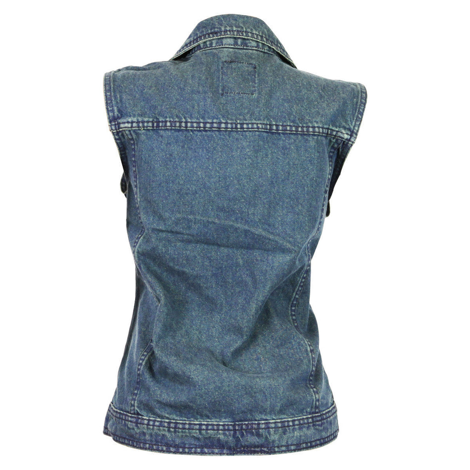 Vance VB1050BL Women's Blue Denim Motorcycle Vest With Studded Collar