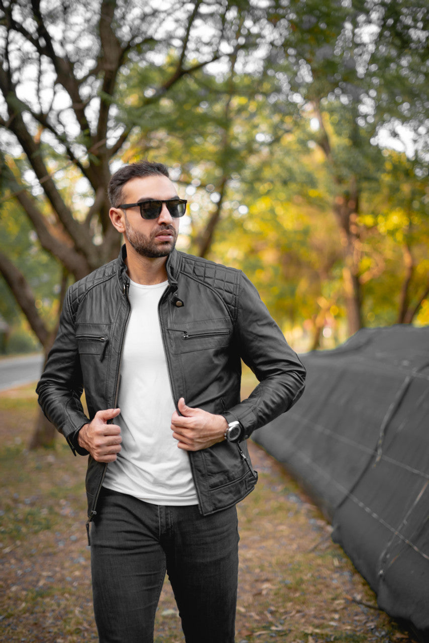 VL550B - Mens Cafe Racer Gatsby Black Waxed Lambskin Motorcycle Leather Jacket