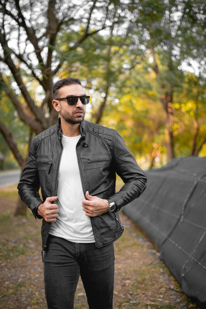 VL550B - Mens Cafe Racer Gatsby Black Waxed Lambskin Motorcycle Leather Jacket