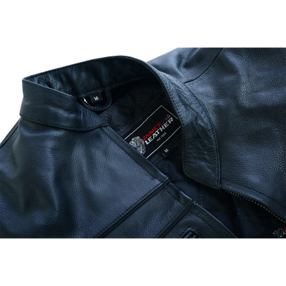 Mens VL531 Premium Racer Leather Commuter Motorcycle Jacket - collar