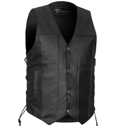 Vance VL907 Mens Black Premium Cowhide Leather Biker Motorcycle Vest with Buffalo Nickel Snaps and Conceal Carry Pocket- Main