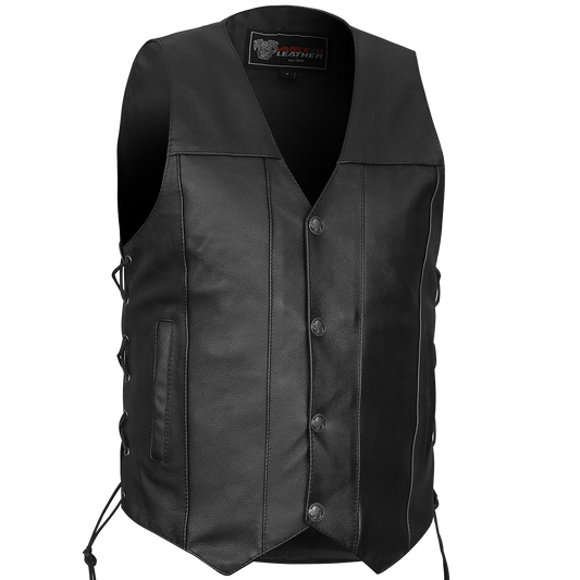 Vance VL907 Mens Black Premium Cowhide Leather Biker Motorcycle Vest with Buffalo Nickel Snaps and Conceal Carry Pocket- Main