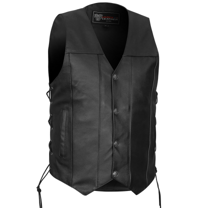Vance VL907 Mens Black Premium Cowhide Leather Biker Motorcycle Vest with Buffalo Nickel Snaps and Conceal Carry Pocket- Front
