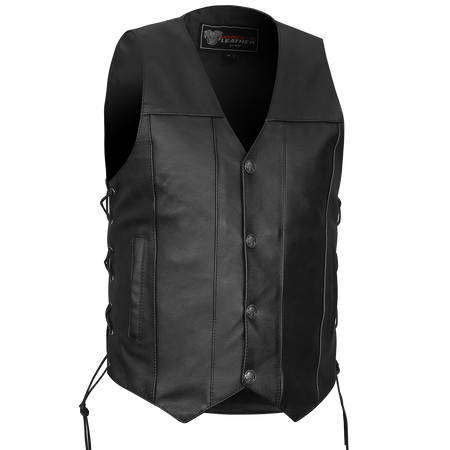 Vance VL907 Mens Black Premium Cowhide Leather Biker Motorcycle Vest with Buffalo Nickel Snaps and Conceal Carry Pocket- Front