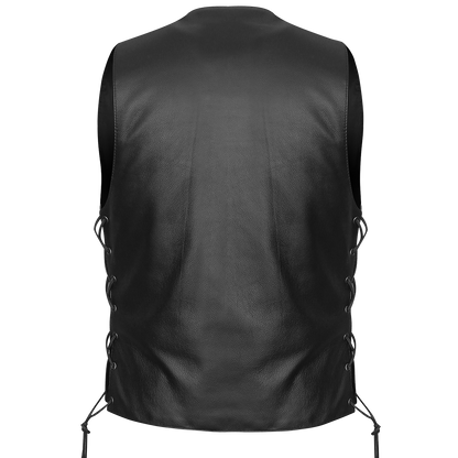 Vance VL907 Mens Black Premium Cowhide Leather Biker Motorcycle Vest with Buffalo Nickel Snaps and Conceal Carry Pocket - Back View