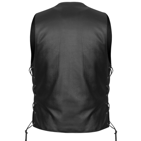 Vance VL907 Mens Black Premium Cowhide Leather Biker Motorcycle Vest with Buffalo Nickel Snaps and Conceal Carry Pocket - Back View