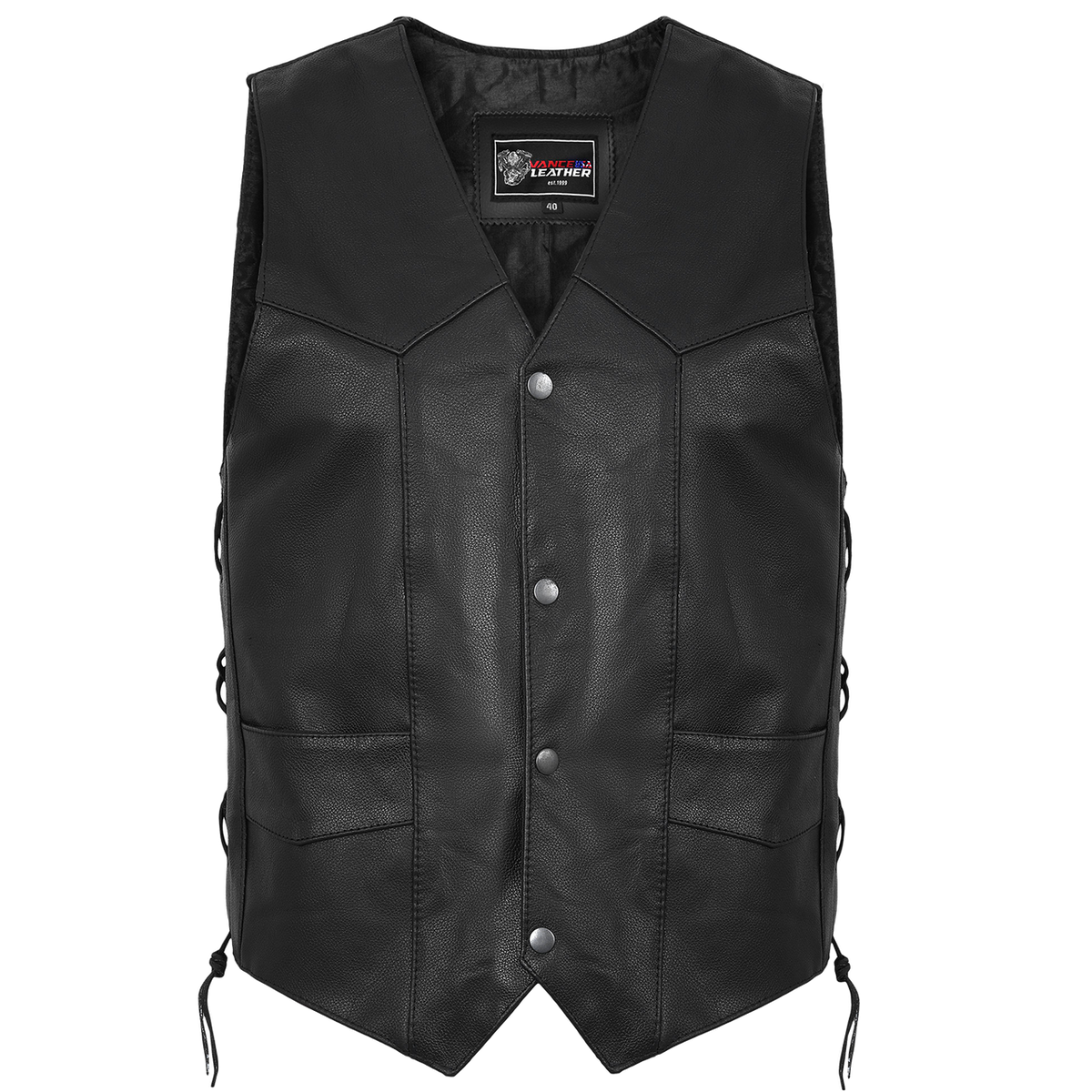 Vance VL922 Men's Black Side Laces Premium Cowhide Leather Biker Motorcycle Vest - front