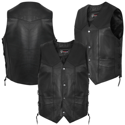 Vance VL922 Men's Black Side Laces Premium Cowhide Leather Biker Motorcycle Vest