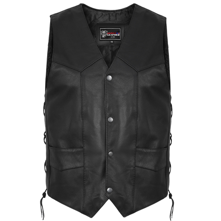 Vance VL922S Men's Black Side Laces Leather Biker Motorcycle Vest - front