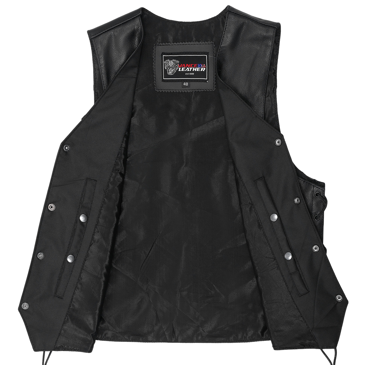 Vance VL922S Men's Black Side Laces Leather Biker Motorcycle Vest - inner-view