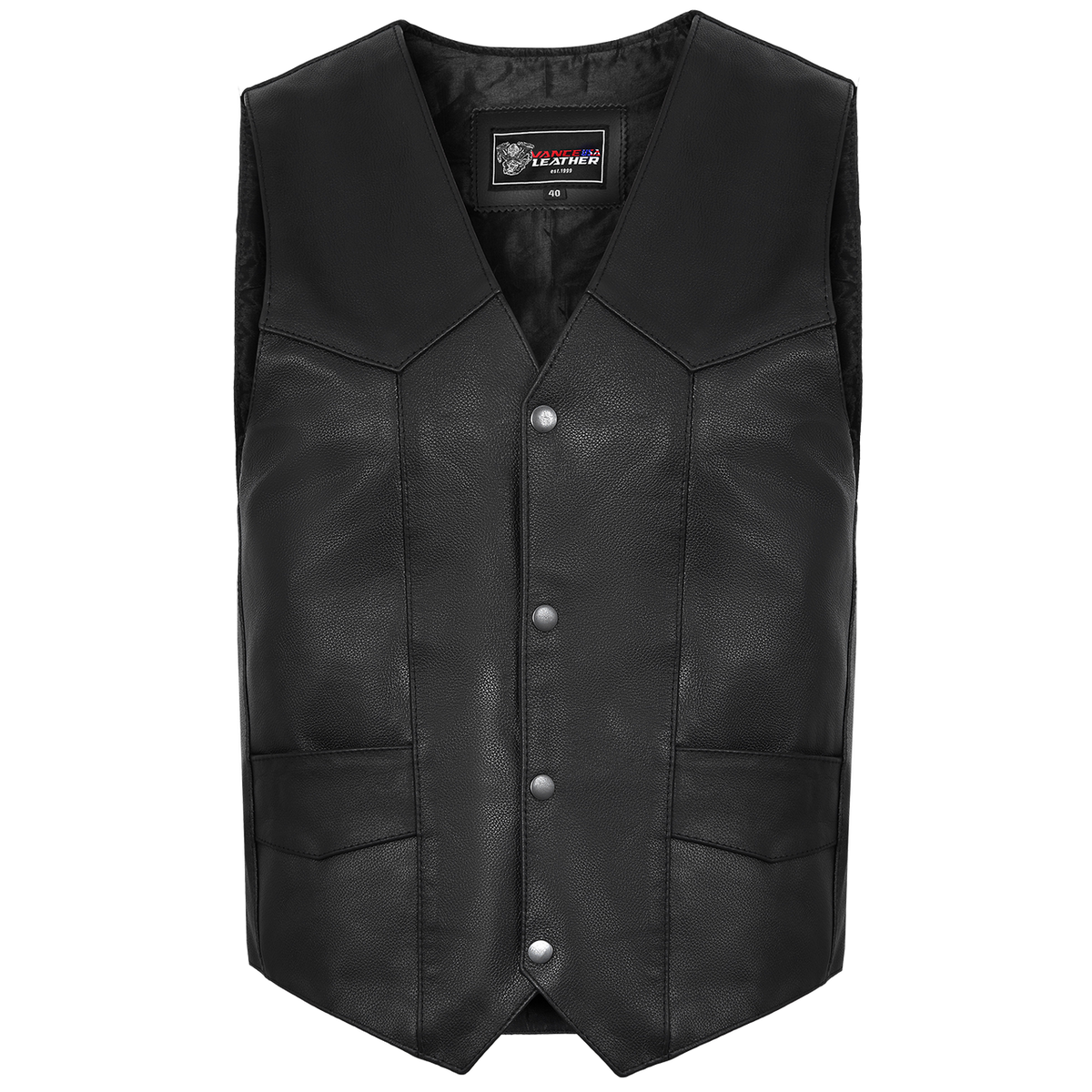 Vance VL921 Men's Black Premium Cowhide Biker Leather Motorcycle Vest - front-view