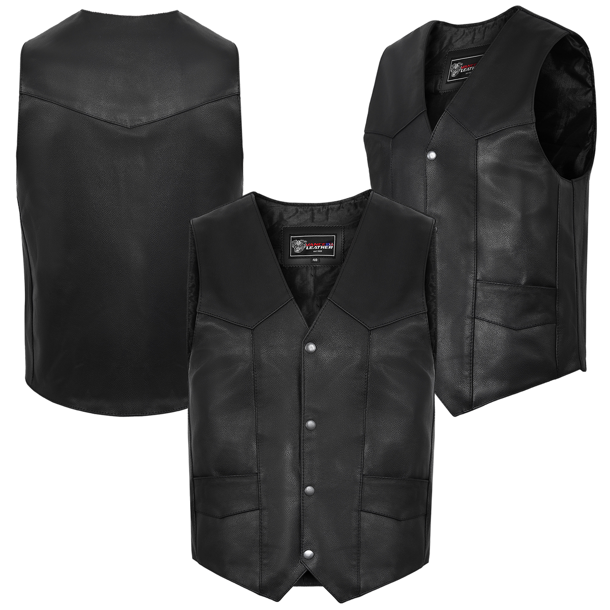 Vance VL921 Men's Black Premium Cowhide Biker Leather Motorcycle Vest