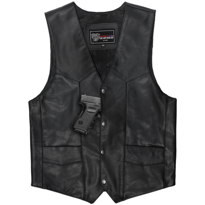 Vance VL921S Men's Black Biker Leather Motorcycle Vest - front-view