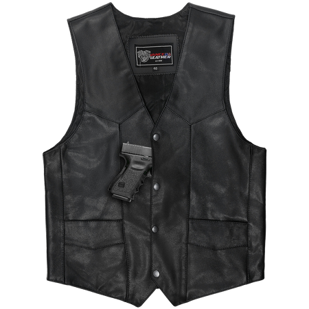 Vance VL921S Men's Black Biker Leather Motorcycle Vest - front-view