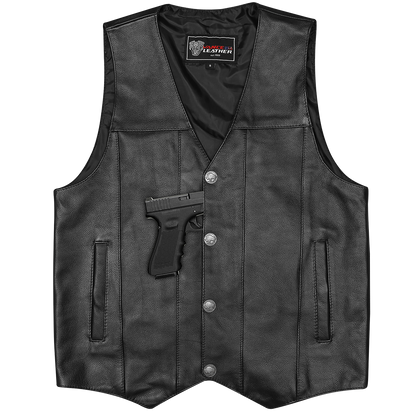 Vance VL906 Mens Black Premium Cowhide Leather Buffalo Nickel Biker Motorcycle Vest - flat