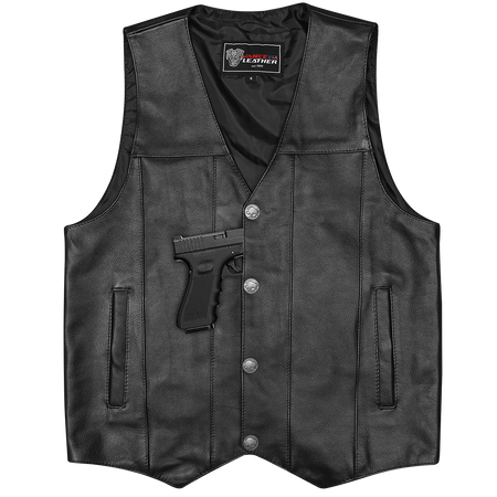 Vance VL906 Mens Black Premium Cowhide Leather Buffalo Nickel Biker Motorcycle Vest - flat