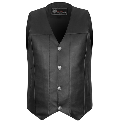 Vance VL906 Mens Black Premium Cowhide Leather Buffalo Nickel Biker Motorcycle Vest - front