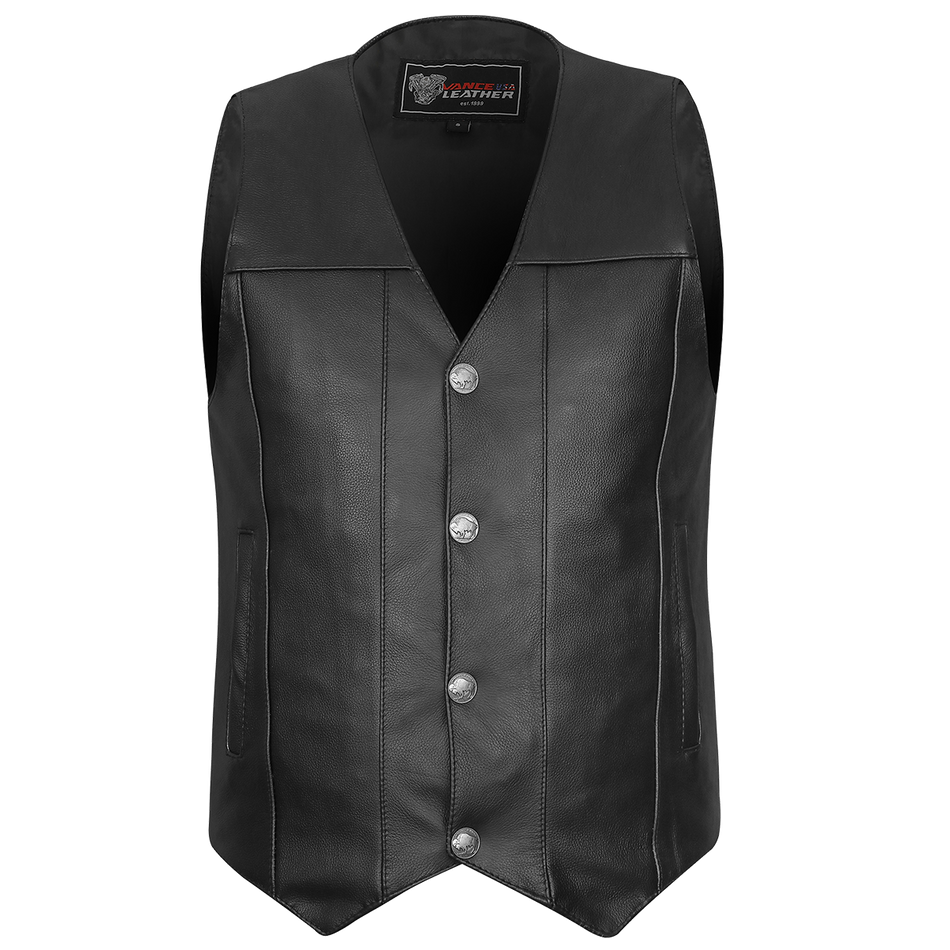 Vance VL906 Mens Black Premium Cowhide Leather Buffalo Nickel Biker Motorcycle Vest - front