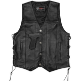 Vance VL907 Mens Black Premium Cowhide Leather Biker Motorcycle Vest with Buffalo Nickel Snaps and Conceal Carry Pocket - Flat