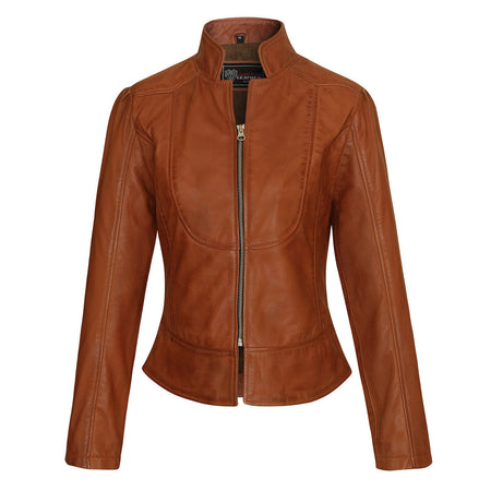 Vance-Leathers-VL650Br-Ladies-Premium-Soft-Lightweight-Brown-Fitted-Motorcycle-Leather-Jacket-Front-View