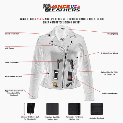 Vance Leathers "Lexi" Women's Black Soft Cowhide Braided and Studded Biker Motorcycle Riding Jacket - Graphic Info