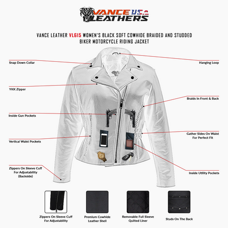 Vance Leathers "Lexi" Women's Black Soft Cowhide Braided and Studded Biker Motorcycle Riding Jacket - Graphic Info