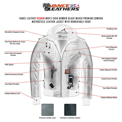 Vance Leather VL551B Men's Sven Bomber Black Waxed Premium Cowhide Motorcycle Leather Jacket with Removeable Hood  -Infographics