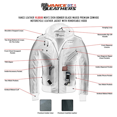 Vance Leather VL551B Men's Sven Bomber Black Waxed Premium Cowhide Motorcycle Leather Jacket with Removeable Hood  -Infographics
