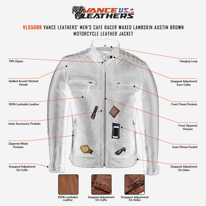 Vance Leather Men's Cafe Racer Waxed Lambskin Austin Brown Motorcycle Leather Jacket- Info Graphics