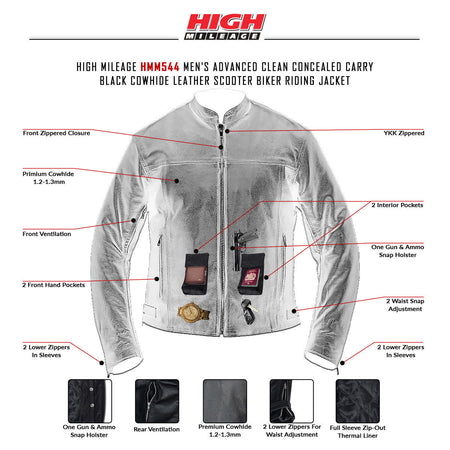 High Mileage HMM544 Men's Advanced Clean Cut Concealed Carry Black Cowhide Leather Scooter Biker Riding Jacket - infographics