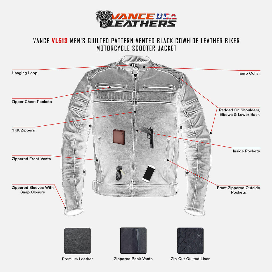 Vance VL513 Men's Quilted Pattern Vented Black Cowhide Leather Biker Motorcycle Scooter Jacket  -Infographics