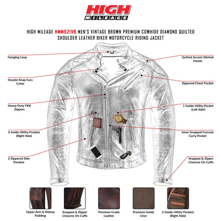 High Mileage HMM521VB Men's Vintage Brown Premium Cowhide Diamond Quilted Shoulder Leather Biker Motorcycle Riding Jacket - Infographics