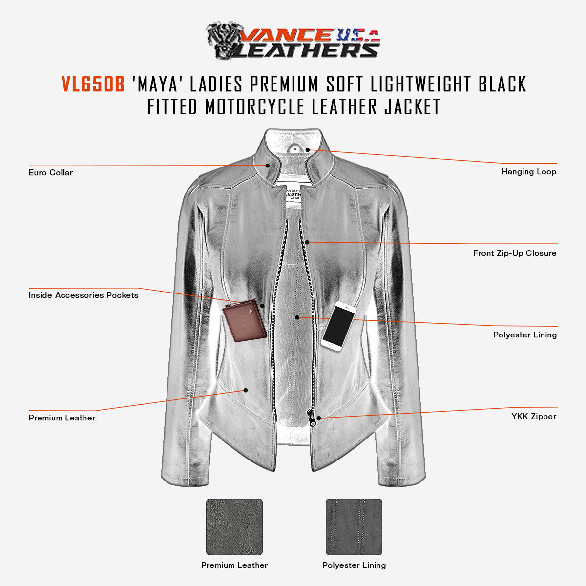 VL650B - Vance Leathers 'Maya' Ladies Premium Soft Lightweight Black Fitted Motorcycle Leather Jacket