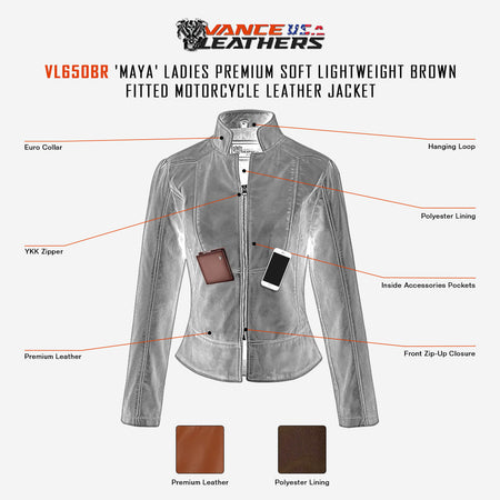 VL650Br Vance Leathers' Ladies Premium Soft Lightweight Brown Fitted Leather Jacket infographic
