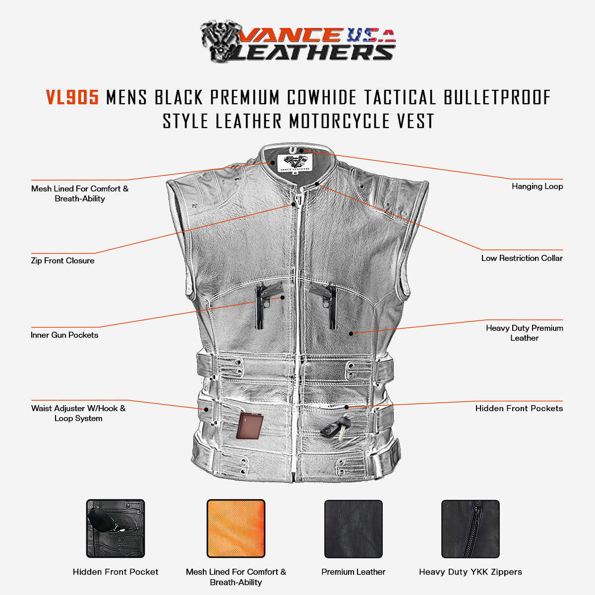 Vance VL905 Men's Black Premium Cowhide Tactical Bulletproof Style Leather Motorcycle Vest