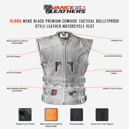 Vance VL905 Men's Black Premium Cowhide Tactical Bulletproof Style Leather Motorcycle Vest