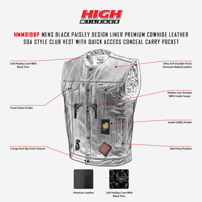 High Mileage HMM919BP Mens Black Paisley Design Liner Premium Cowhide Leather SOA Style Club Vest With Quick Access Conceal Carry Pocket - Infographics