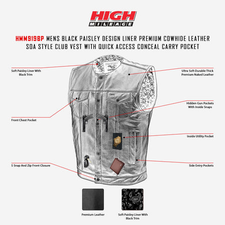 High Mileage HMM919BP Mens Black Paisley Design Liner Premium Cowhide Leather SOA Style Club Vest With Quick Access Conceal Carry Pocket - Infographics