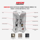 High Mileage HMM915DB Mens Distressed Brown Premium Cowhide Ten Pocket Leather Motorcycle Vest - Infographics