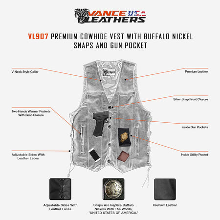 Vance VL907 Mens Black Premium Cowhide Leather Biker Motorcycle Vest with Buffalo Nickel Snaps and Conceal Carry Pocket - Infographics