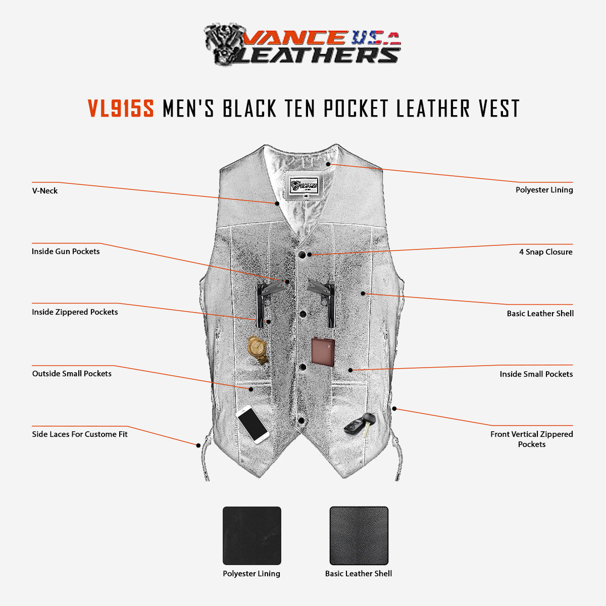 Vance VL915S Men's Black Ten Pocket Leather Vest - Infographics