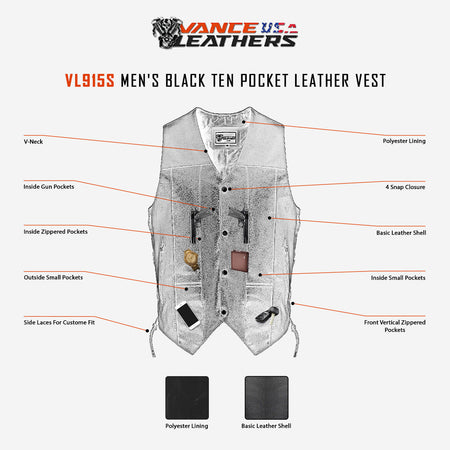 Vance VL915S Men's Black Ten Pocket Leather Vest - Infographics