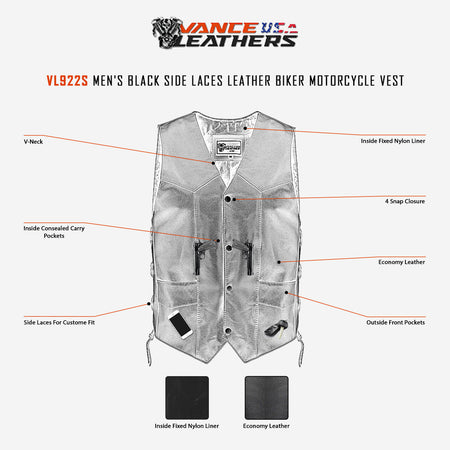 Vance VL922S Men's Black Side Laces Leather Biker Motorcycle Vest - Infographics