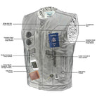 Vance VL919GS Men's Black Premium Cowhide Leather Biker Motorcycle Vest With Quick Access Conceal Carry Pockets and Gray Stitching - Infographics