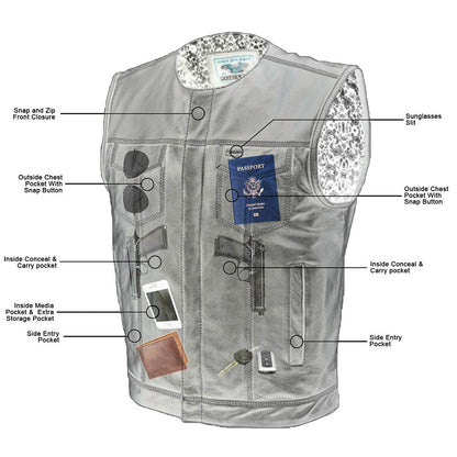 Vance VL919GS Men's Black Premium Cowhide Leather Biker Motorcycle Vest With Quick Access Conceal Carry Pockets and Gray Stitching - Infographics